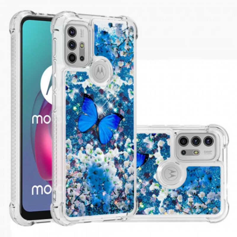 Hülle Moto G30 / G10 Blaue Glitzerschmetterlinge