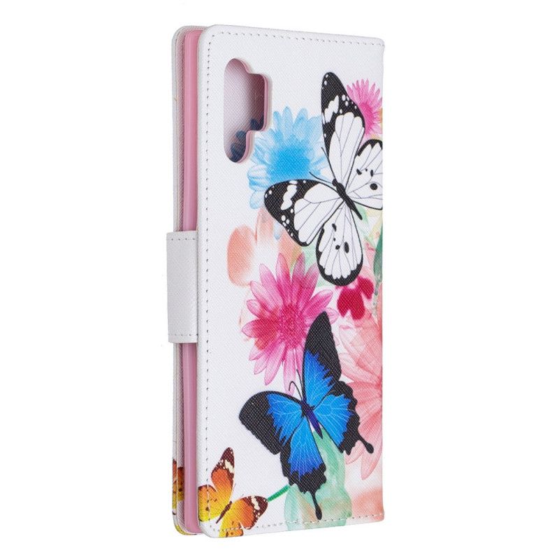 Lederhüllen Samsung Galaxy Note 10 Plus Hellblau Bemalte Schmetterlinge Und Blumen