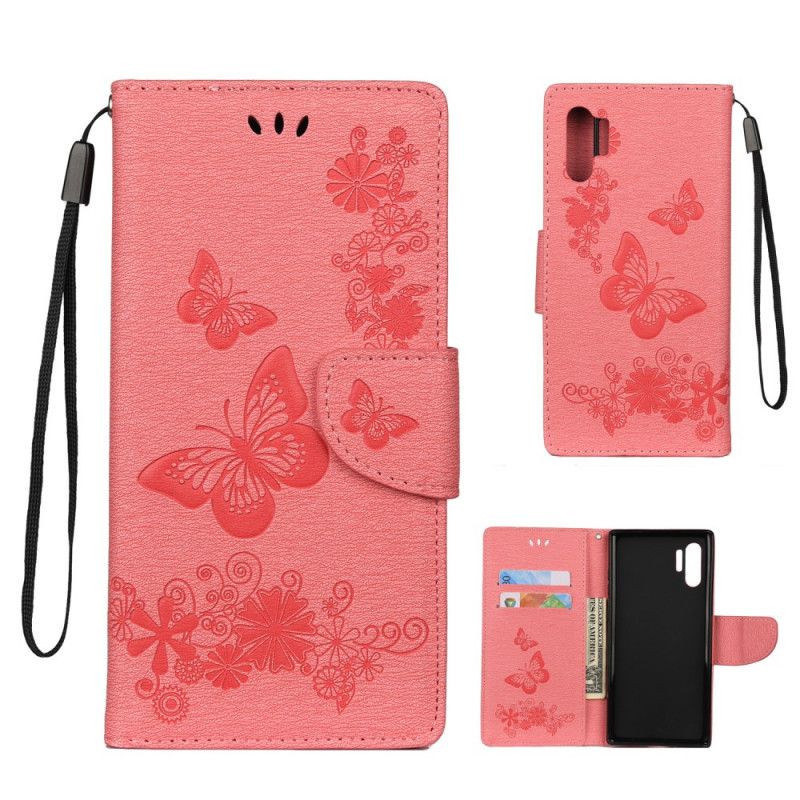 Lederhüllen Samsung Galaxy Note 10 Plus Schwarz Schmetterlinge Und Tanga Blumen