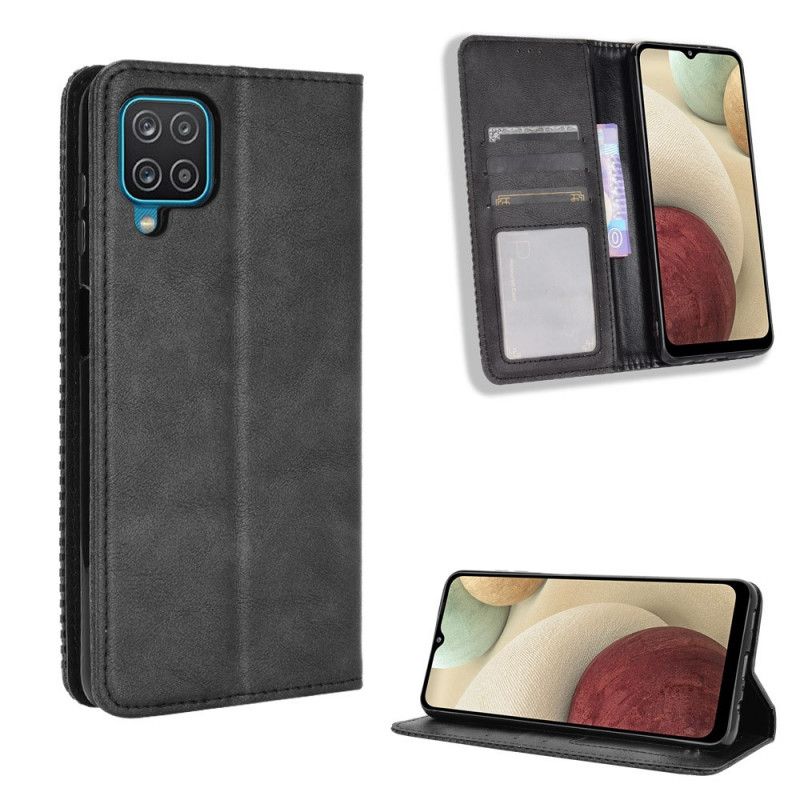 Flip Case Samsung Galaxy A12 Schwarz Stilisierter Vintage-Ledereffekt