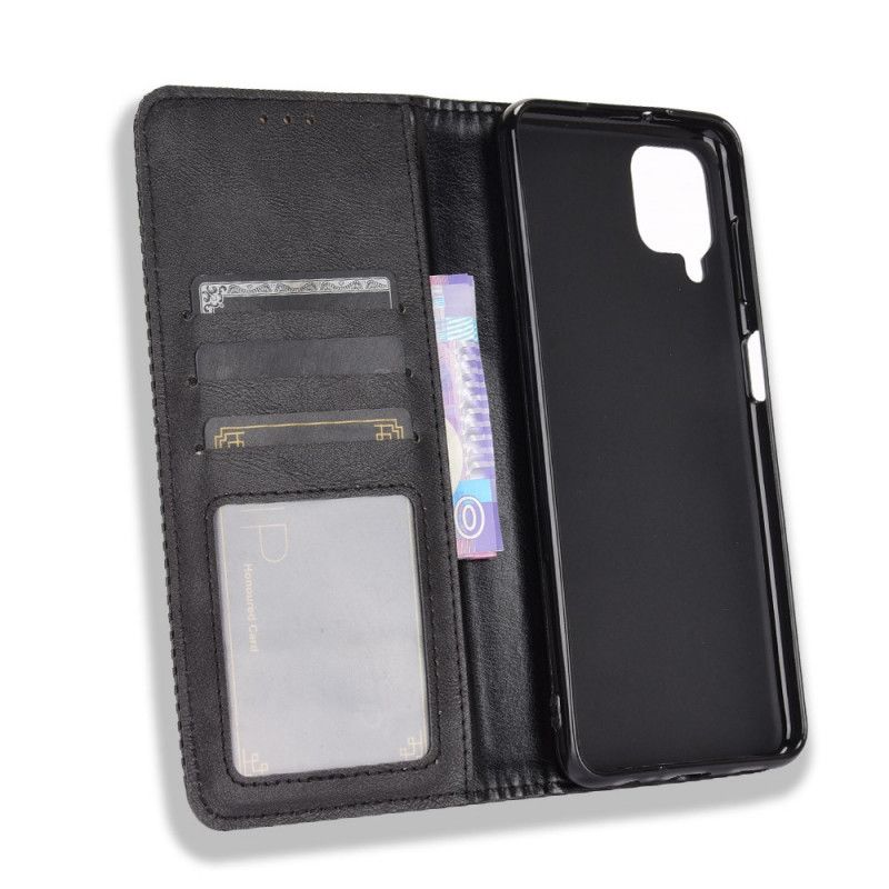 Flip Case Samsung Galaxy A12 Schwarz Stilisierter Vintage-Ledereffekt