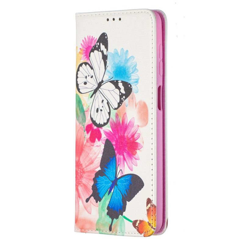 Flip Case Samsung Galaxy A12 Weiß Bunte Schmetterlinge