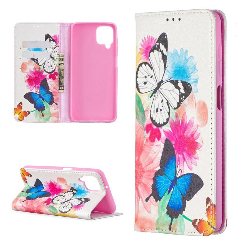 Flip Case Samsung Galaxy A12 Weiß Bunte Schmetterlinge