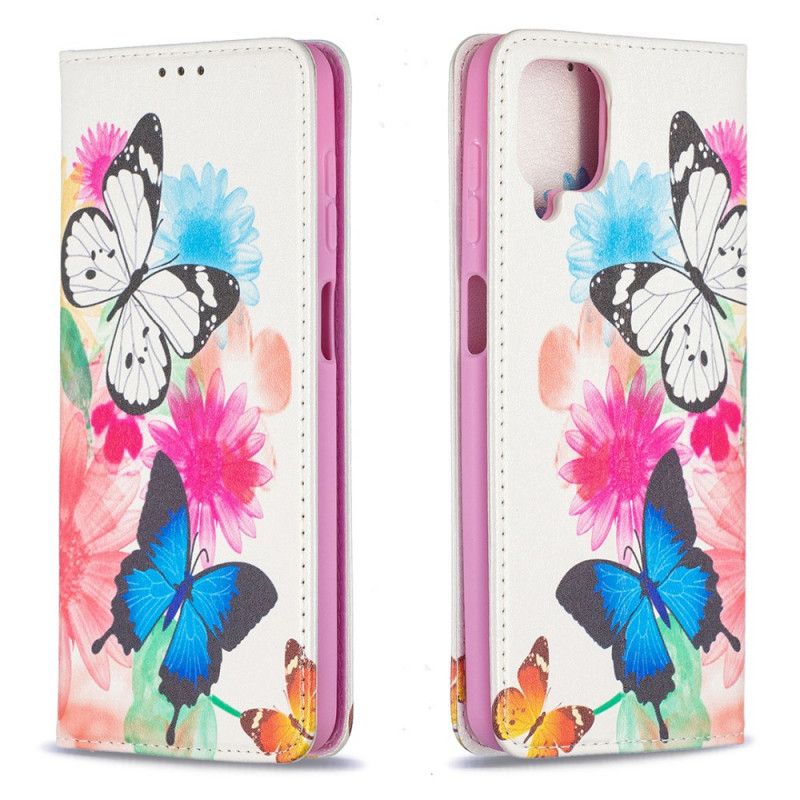 Flip Case Samsung Galaxy A12 Weiß Bunte Schmetterlinge