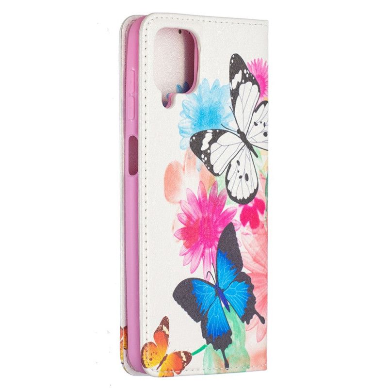 Flip Case Samsung Galaxy A12 Weiß Bunte Schmetterlinge