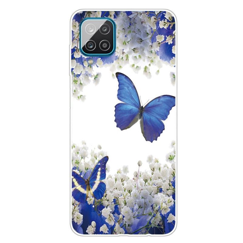 Hülle Samsung Galaxy A12 Dunkelblau Design Schmetterlinge