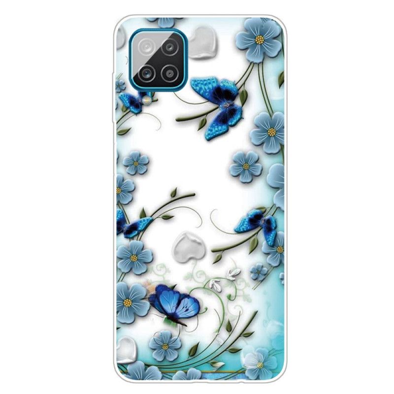 Hülle Samsung Galaxy A12 Transparente Retro-Schmetterlinge Und Blumen