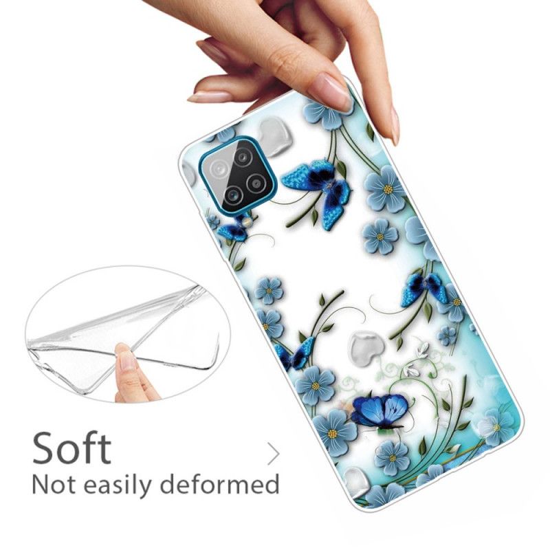 Hülle Samsung Galaxy A12 Transparente Retro-Schmetterlinge Und Blumen