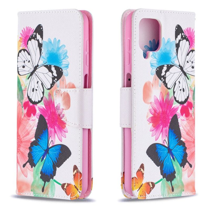 Lederhüllen Samsung Galaxy A12 Magenta Bemalte Schmetterlinge Und Blumen