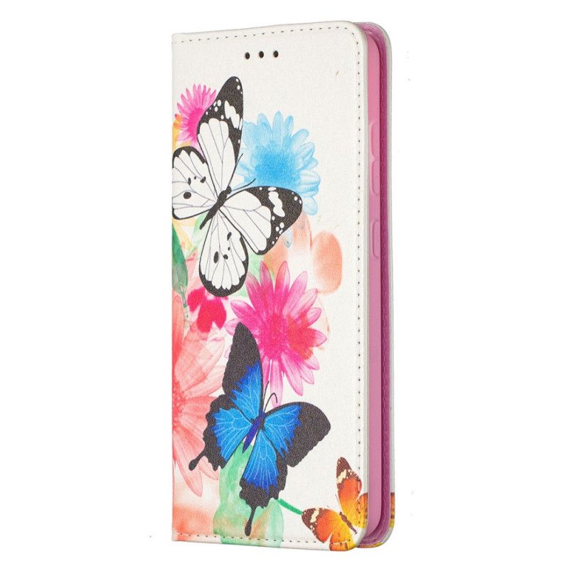 Flip Case Samsung Galaxy A52 4G / A52 5G Weiß Bunte Schmetterlinge