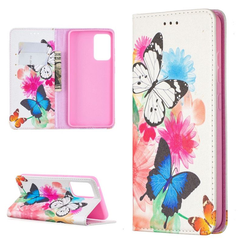 Flip Case Samsung Galaxy A52 4G / A52 5G Weiß Bunte Schmetterlinge