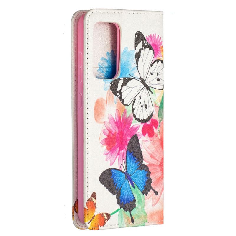 Flip Case Samsung Galaxy A52 4G / A52 5G Weiß Bunte Schmetterlinge