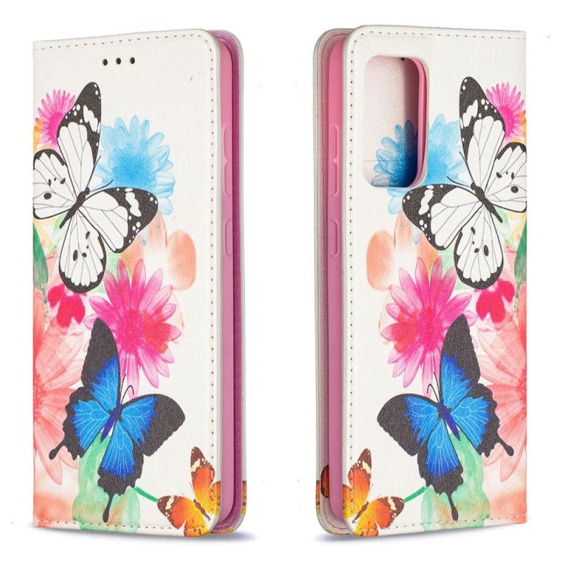Flip Case Samsung Galaxy A52 4G / A52 5G Weiß Bunte Schmetterlinge
