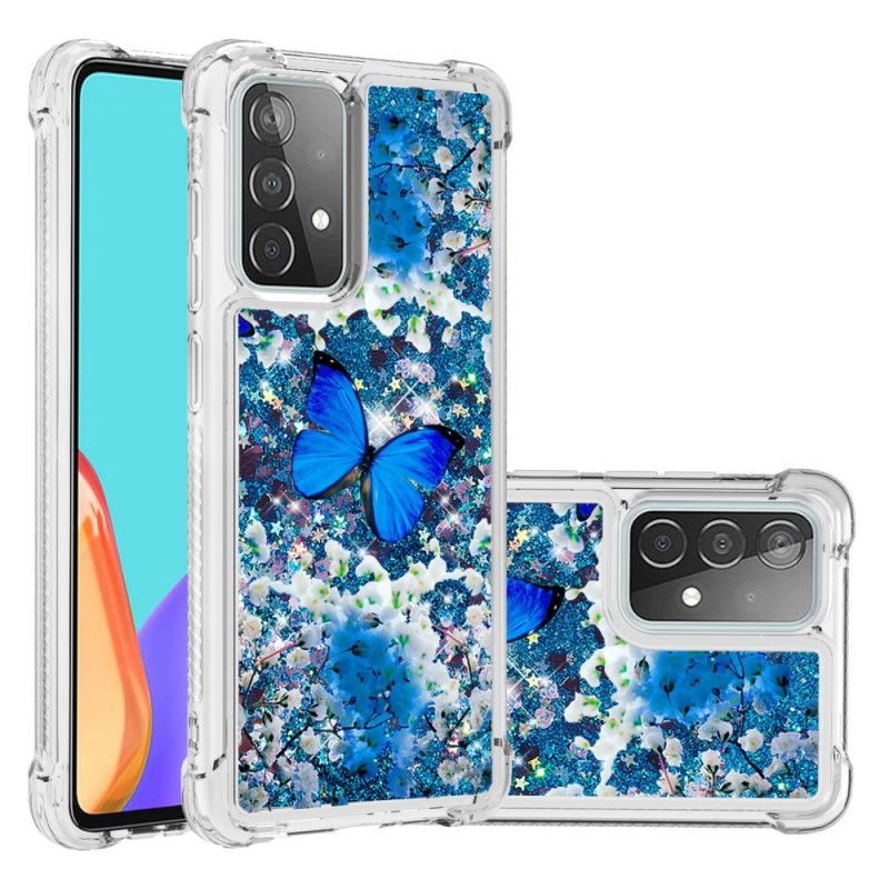 Hülle Samsung Galaxy A52 4G / A52 5G Handyhülle Blaue Glitzerschmetterlinge