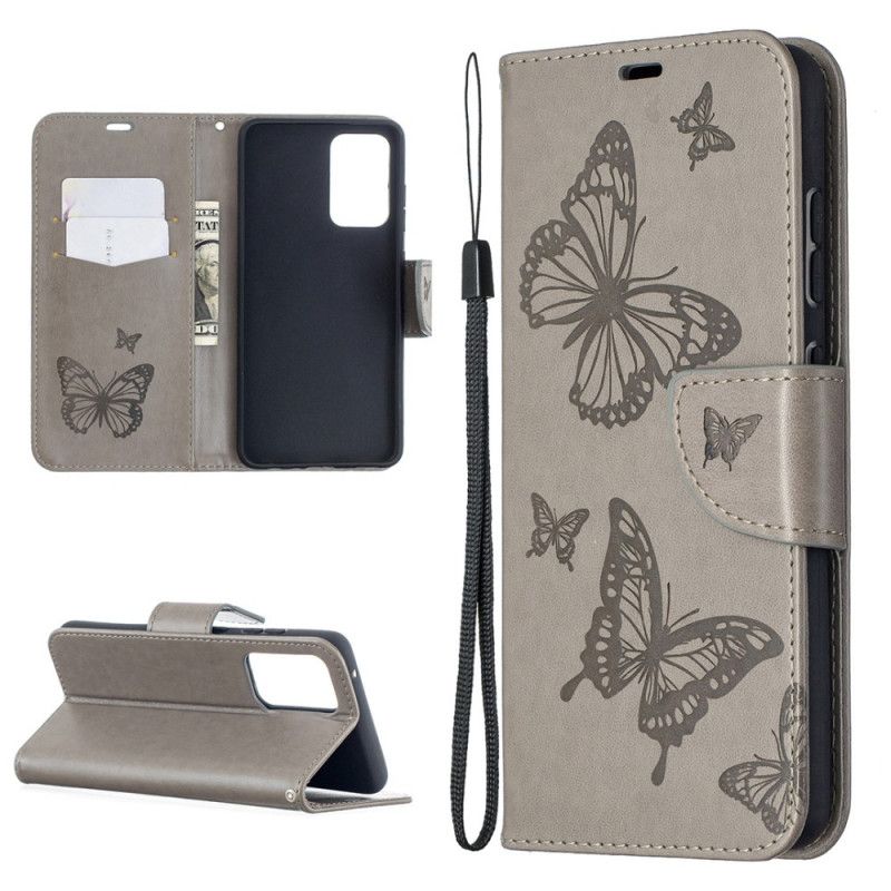 Lederhüllen Samsung Galaxy A52 4G / A52 5G Grau Schmetterlinge Im Flug Mit Tanga