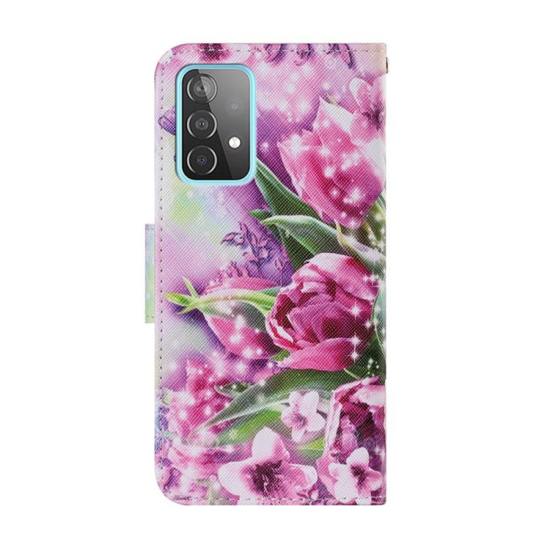 Lederhüllen Samsung Galaxy A52 4G / A52 5G Handyhülle Schmetterlinge Und Tulpen