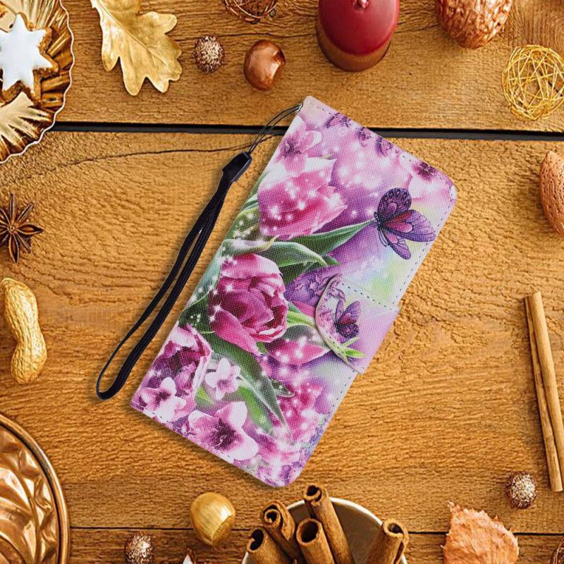 Lederhüllen Samsung Galaxy A52 4G / A52 5G Handyhülle Schmetterlinge Und Tulpen