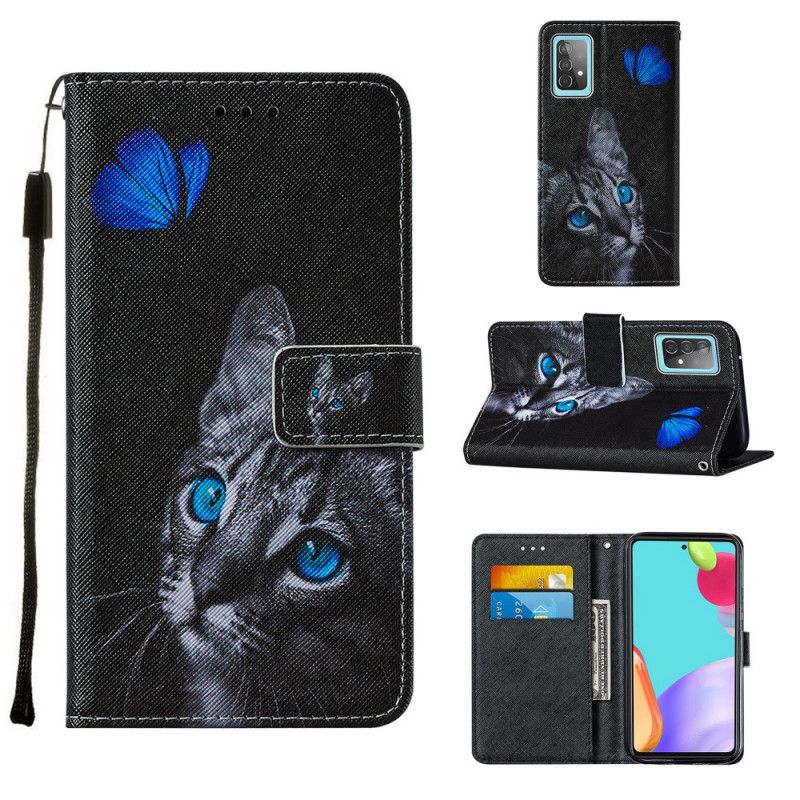 Lederhüllen Samsung Galaxy A52 4G / A52 5G Katze Und Blauer Schmetterling