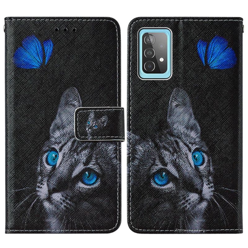 Lederhüllen Samsung Galaxy A52 4G / A52 5G Katze Und Blauer Schmetterling