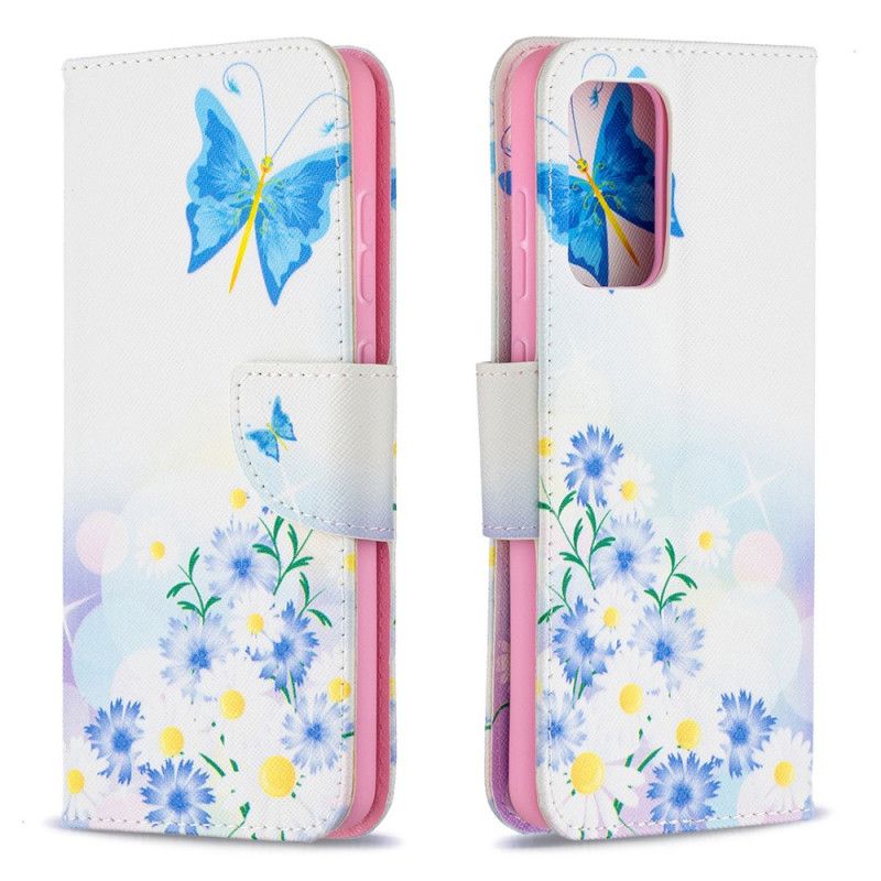 Lederhüllen Samsung Galaxy A52 4G / A52 5G Magenta Bemalte Schmetterlinge Und Blumen