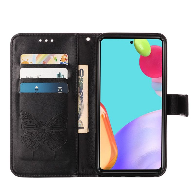 Lederhüllen Samsung Galaxy A52 4G / A52 5G Schwarz Designer-Schmetterling Mit Riemen