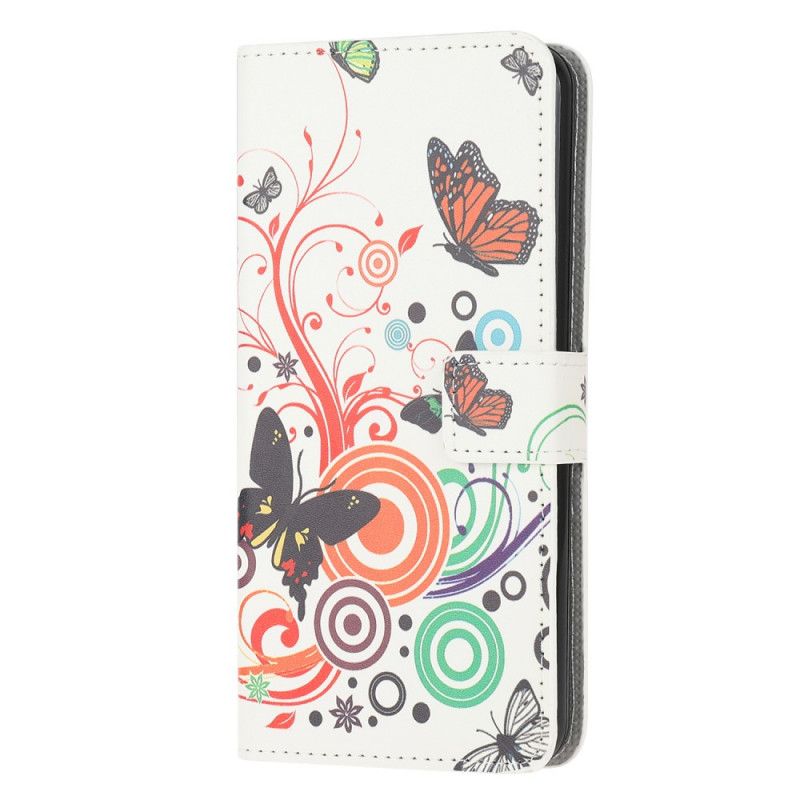 Lederhüllen Samsung Galaxy A52 4G / A52 5G Schwarz Schmetterlinge Und Blumen