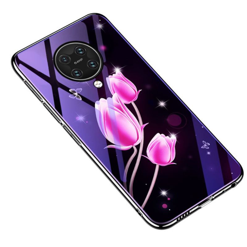 Hülle Xiaomi Poco F2 Pro Lila Gehärtetes Glas Und Blumensilikon