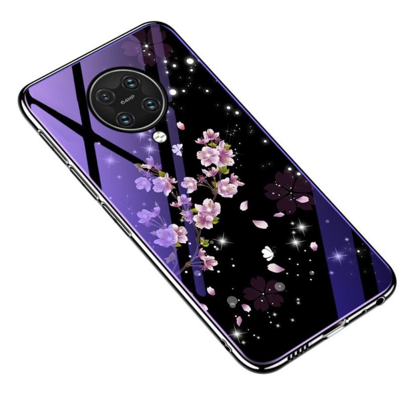 Hülle Xiaomi Poco F2 Pro Lila Gehärtetes Glas Und Blumensilikon