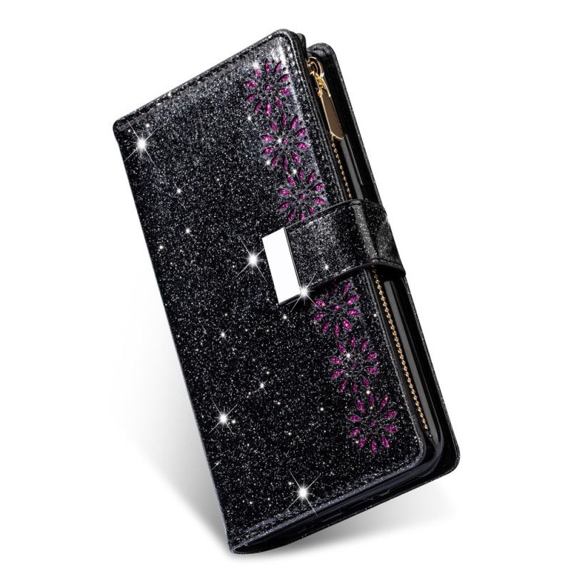 Lederhüllen Xiaomi Poco F2 Pro Schwarz Pailletten Brieftasche Mit Reißverschluss