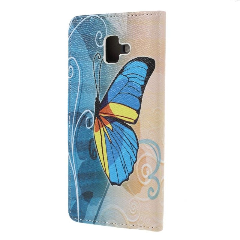 Lederhüllen Samsung Galaxy J6 Plus Hellblau Schmetterlinge Und Blumen