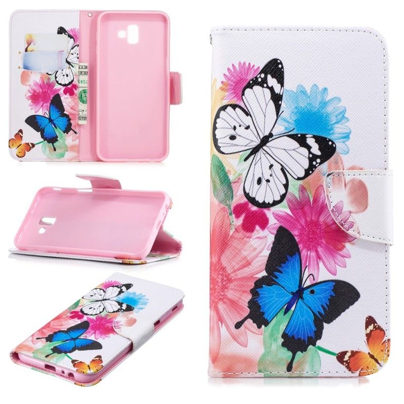 Lederhüllen Samsung Galaxy J6 Plus Magenta Bemalte Schmetterlinge Und Blumen