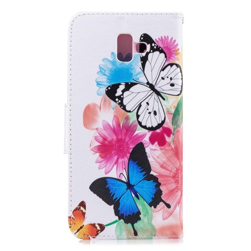 Lederhüllen Samsung Galaxy J6 Plus Magenta Bemalte Schmetterlinge Und Blumen