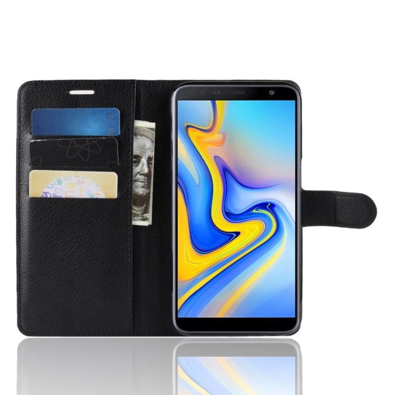 Lederhüllen Samsung Galaxy J6 Plus Schwarz Litschi-Kunstleder
