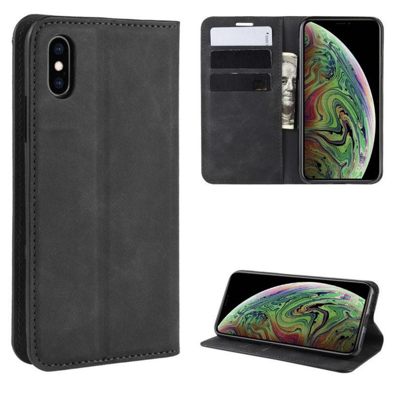 Flip Case Für iPhone XS Max Schwarz Silky Touch Ledereffekt