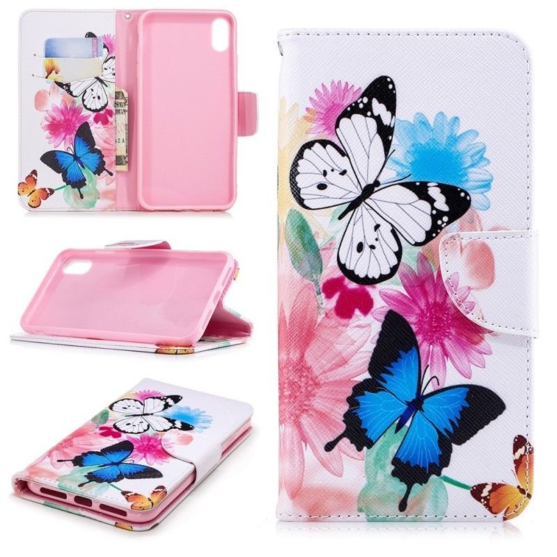Lederhüllen iPhone XS Max Pink Handyhülle Bemalte Schmetterlinge Und Blumen