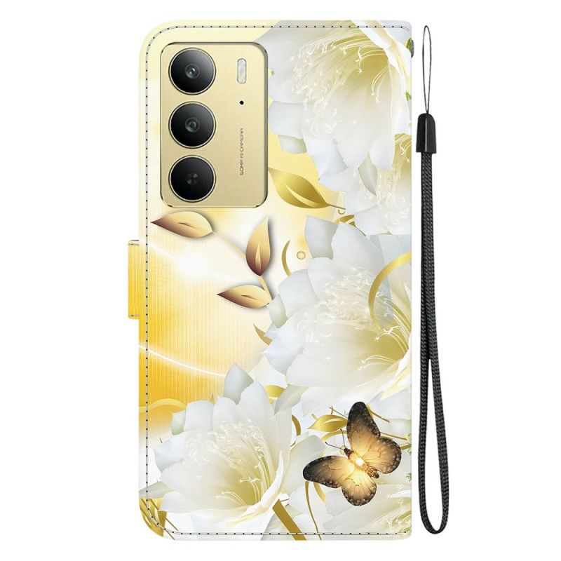 Lederhüllen Für Realme C75 Goldene Schmetterlinge Und Weiße Blumen