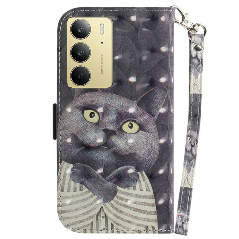 Lederhüllen Realme C75 Graues Katzen-lanyard