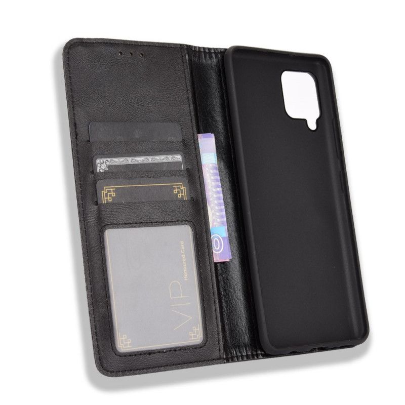 Flip Case Für Samsung Galaxy A42 5G Schwarz Stilisierter Vintage-Ledereffekt