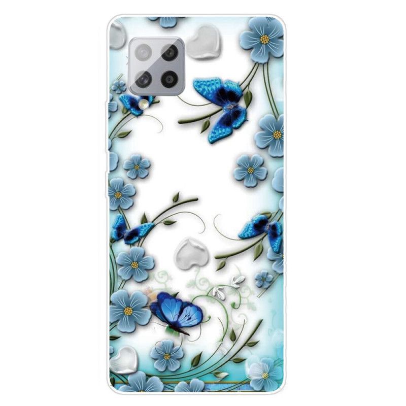 Hülle Samsung Galaxy A42 5G Transparente Retro-Schmetterlinge Und Blumen