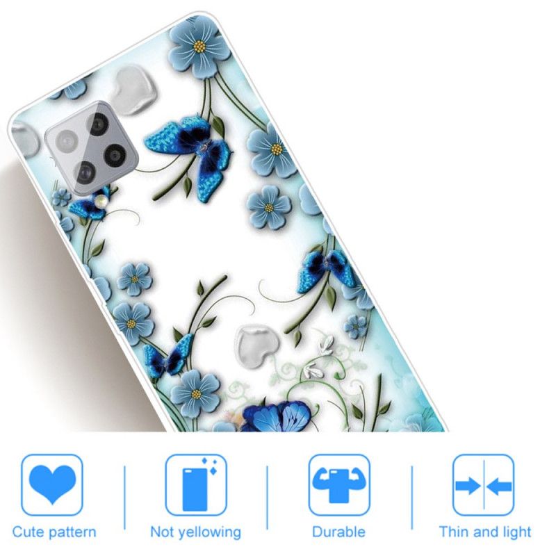 Hülle Samsung Galaxy A42 5G Transparente Retro-Schmetterlinge Und Blumen
