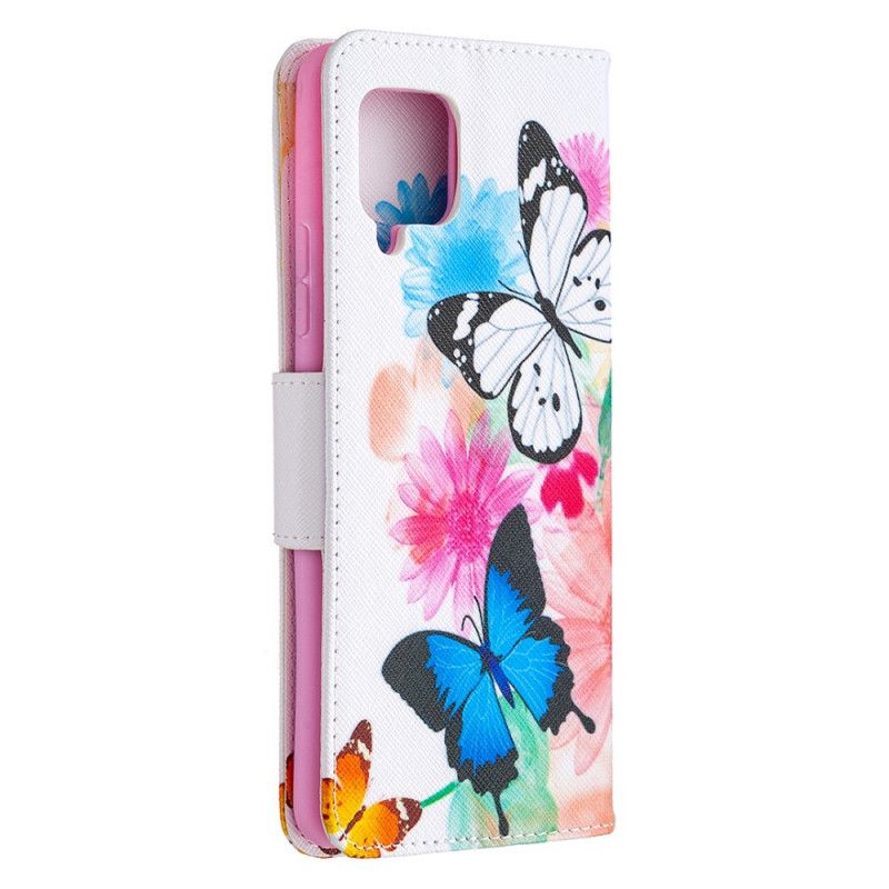 Lederhüllen Für Samsung Galaxy A42 5G Magenta Bemalte Schmetterlinge Und Blumen