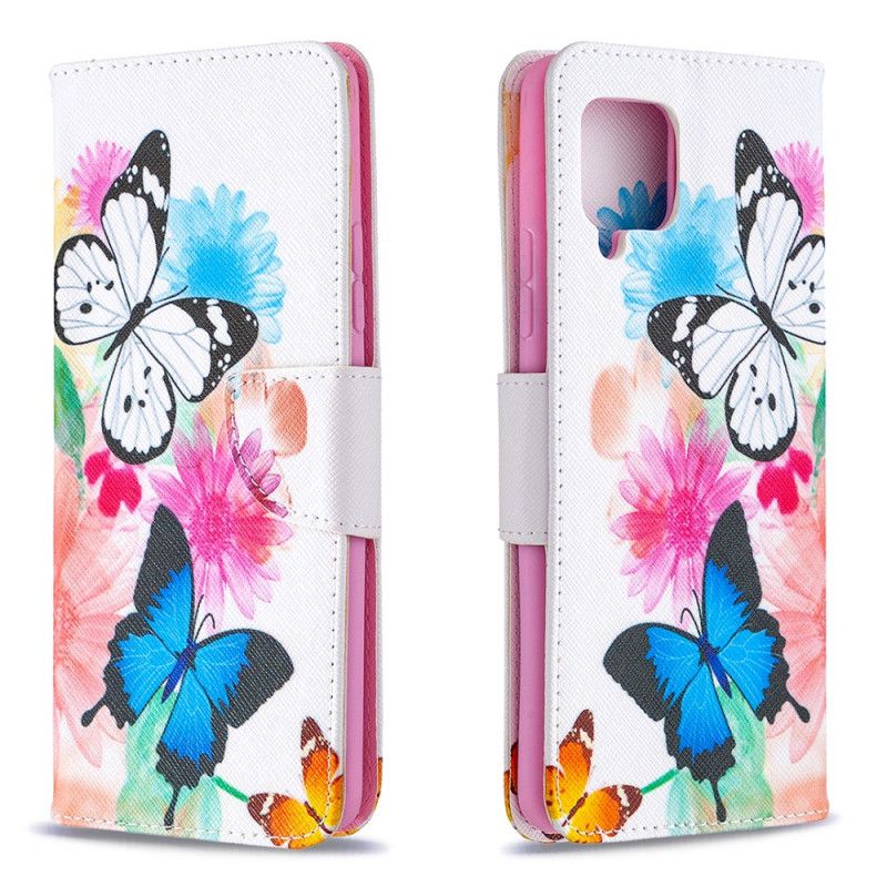 Lederhüllen Für Samsung Galaxy A42 5G Magenta Bemalte Schmetterlinge Und Blumen
