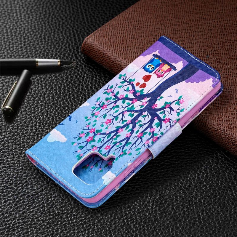 Lederhüllen Samsung Galaxy A42 5G Handyhülle Eulen Auf Der Schaukel