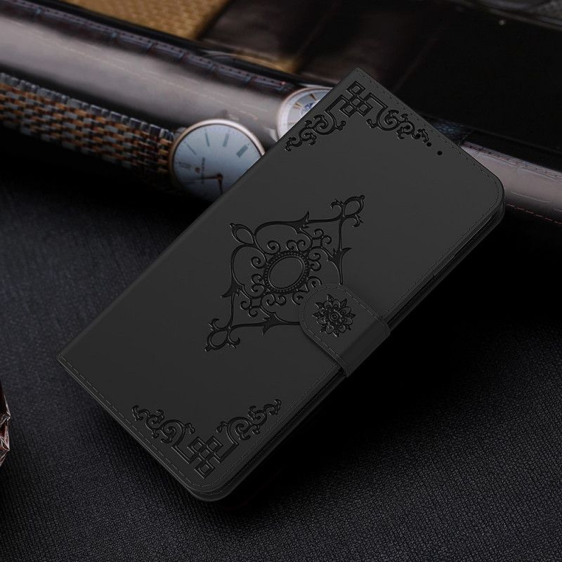 Lederhüllen Samsung Galaxy A42 5G Schwarz Handyhülle Barockblume Mit Riemen