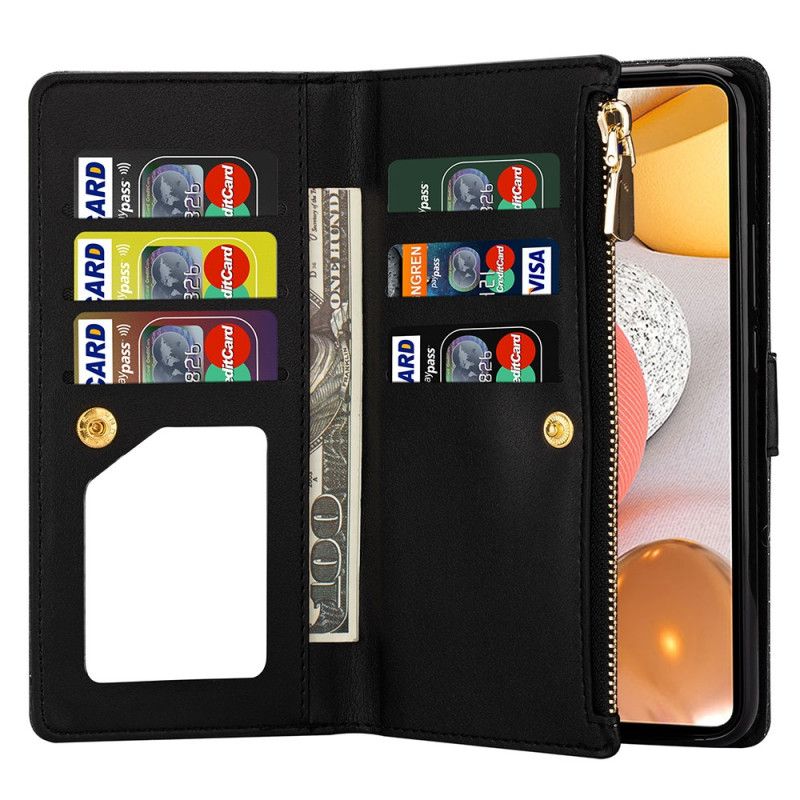 Lederhüllen Samsung Galaxy A42 5G Schwarz Handyhülle Pailletten-Brieftasche Mit Reißverschluss