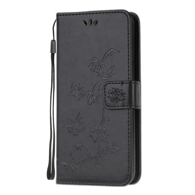 Lederhüllen Samsung Galaxy A42 5G Schwarz Schmetterlinge Und Tanga Blumen