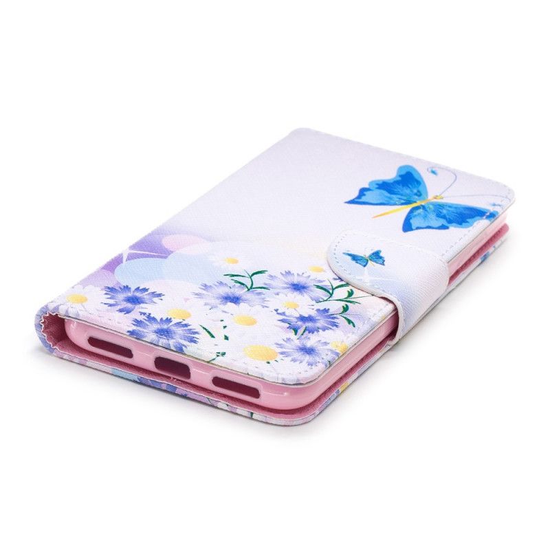 Lederhüllen Für Xiaomi Pocophone F1 Magenta Bemalte Schmetterlinge Und Blumen