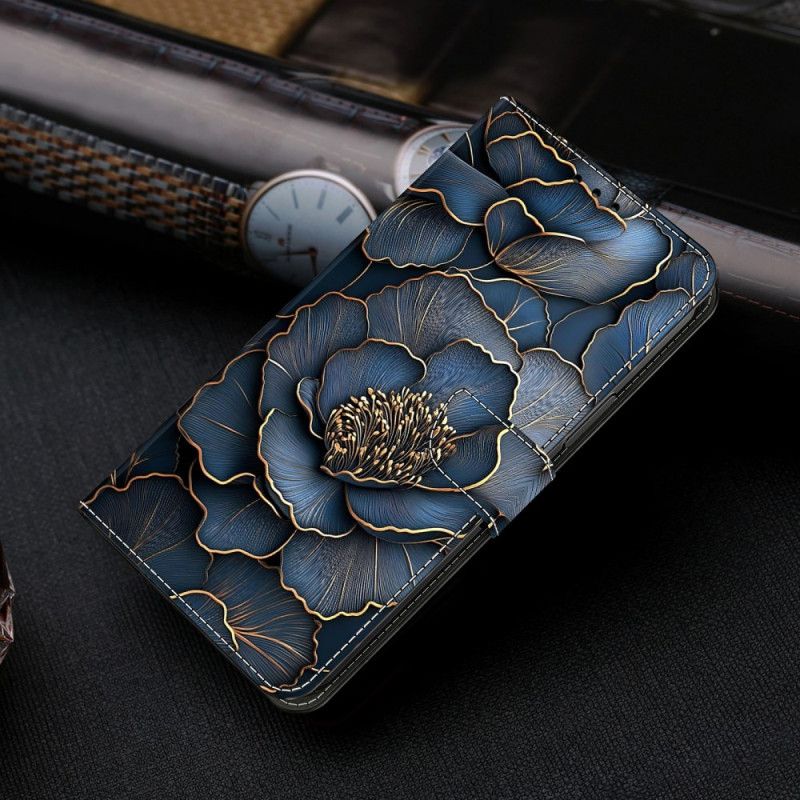 Lederhüllen Für Samsung Galaxy S26 Blau-goldene Pfingstrose