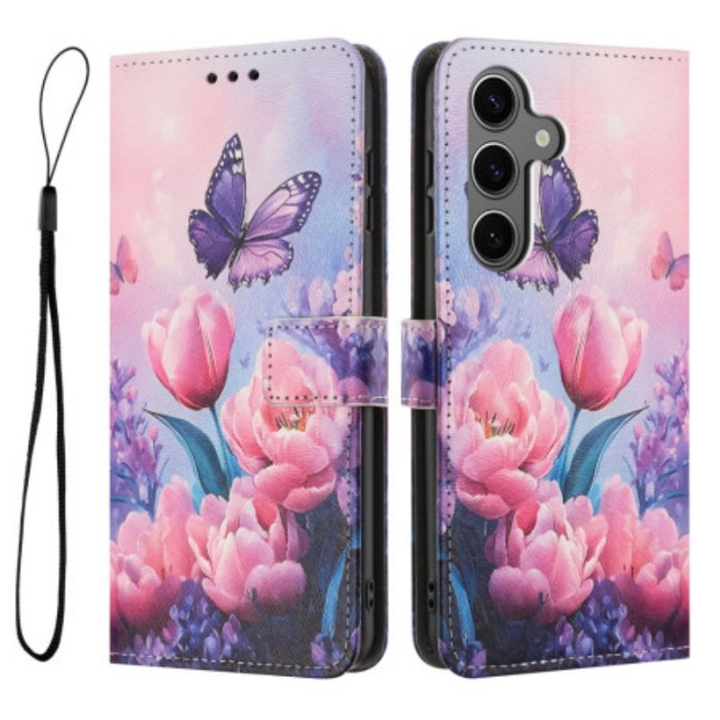 Lederhüllen Für Samsung Galaxy S26 Schmetterling Und Rosa Blumen