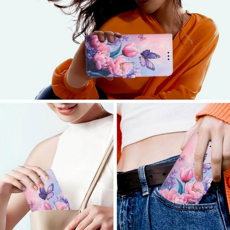 Lederhüllen Für Samsung Galaxy S26 Schmetterling Und Rosa Blumen